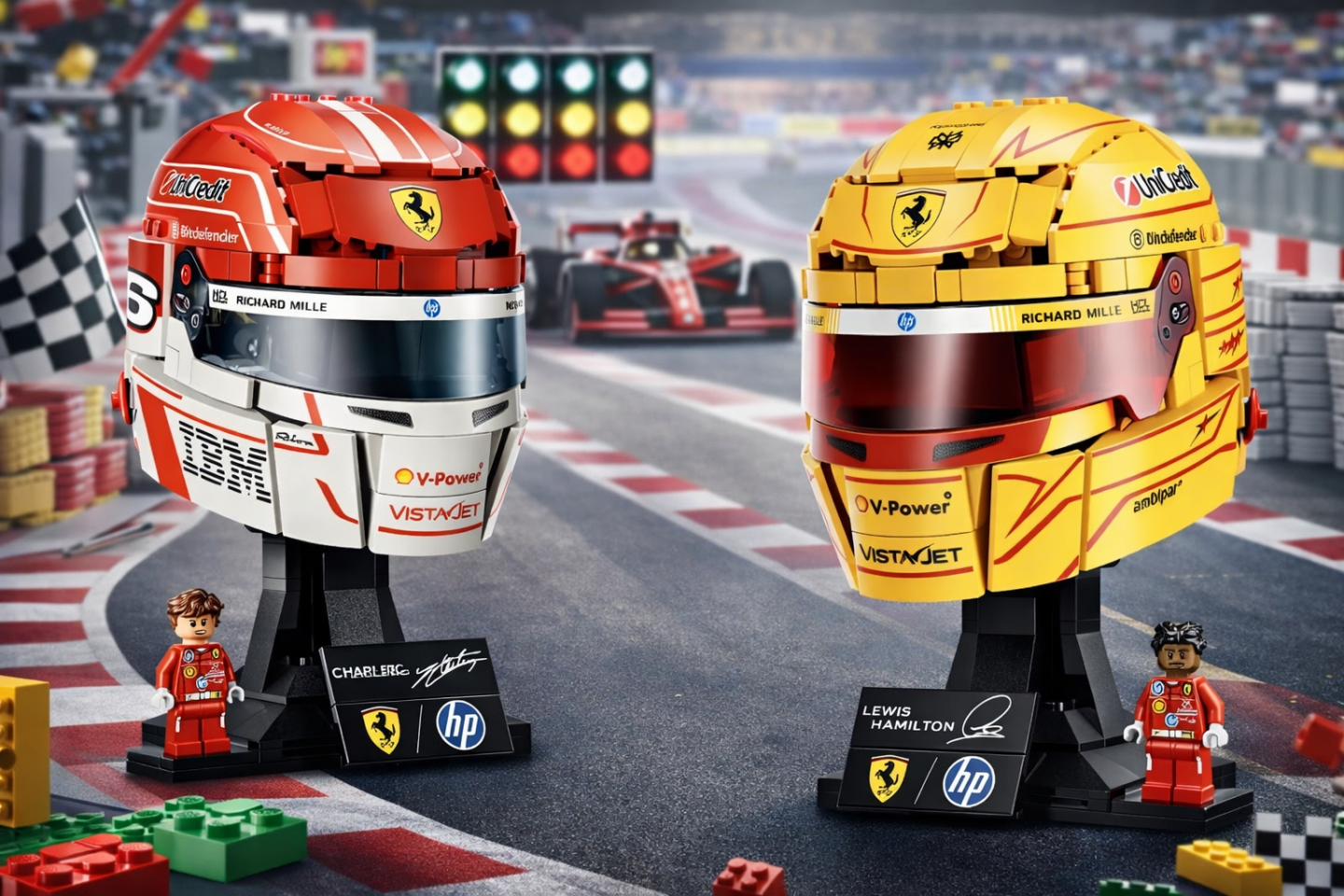 LEGO Editions 43014 Scuderia Ferrari HP Charles Leclerc helmet en 43022 Scuderia Ferrari HP Lewis Hamilton helmet: Eerste foto's onthuld